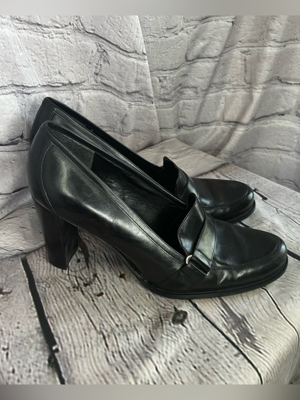 Vtg 90s Goth Grunge Schoolgirl Career Black Leather Chunky Block Heel Loafers 9